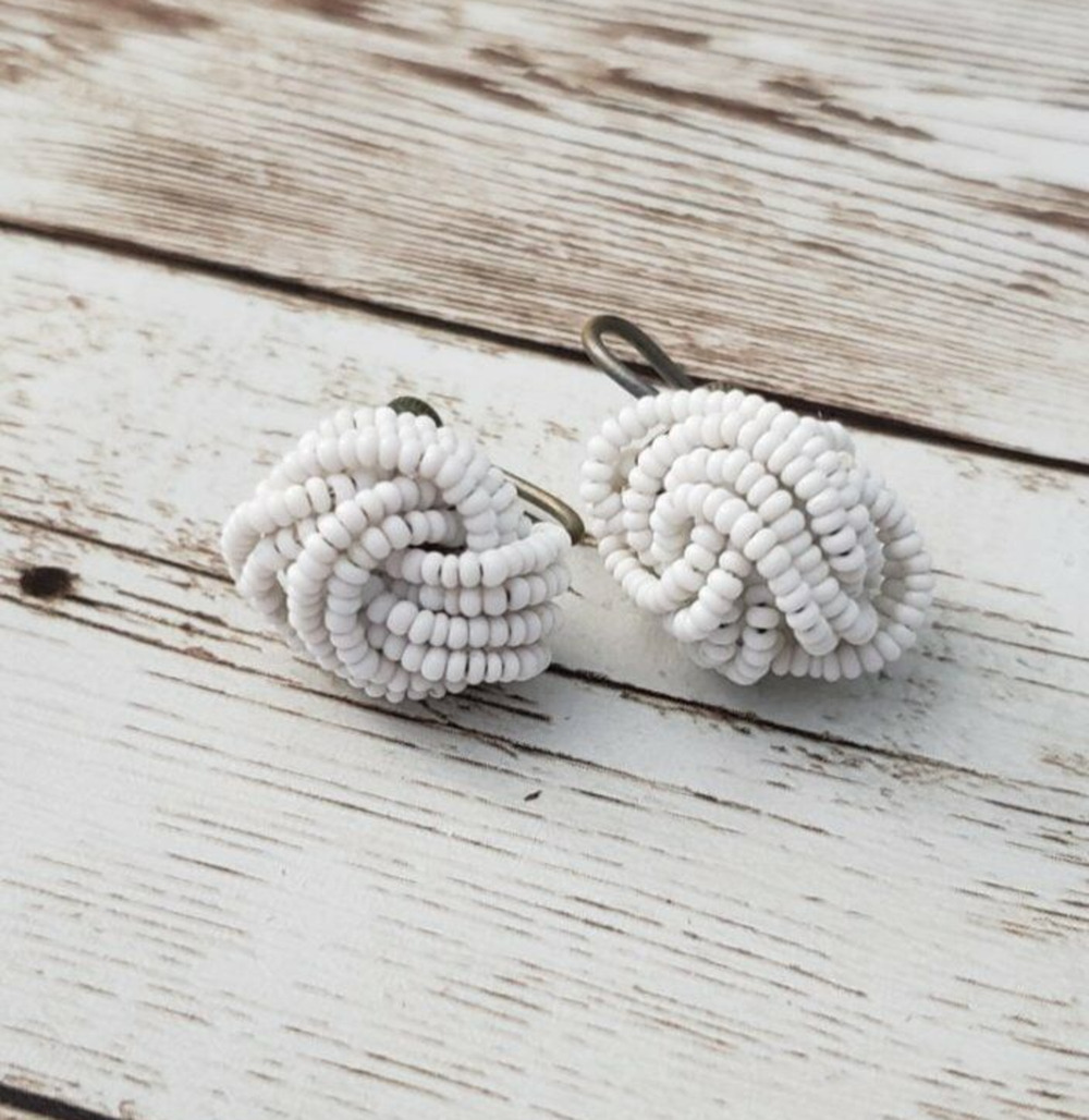 Vintage Screw On / Screw Back Earrings - Beaded White Twist 0.75"